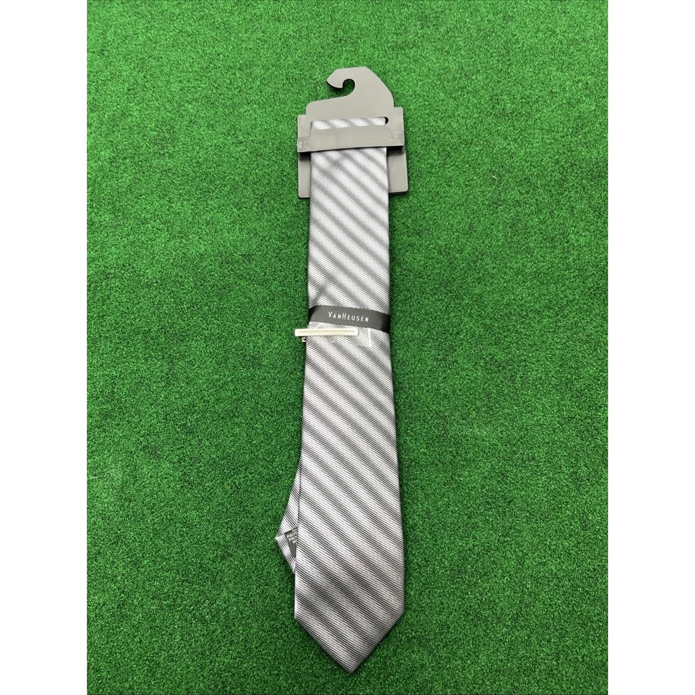 Van Heusen Silver Black Stripe Tie With Clip NWT
